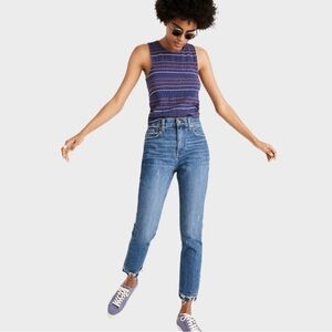 Madewell High-Rise Slim Boyjean Melbourne Wash Distressed Raw Hem Medium Blue 24